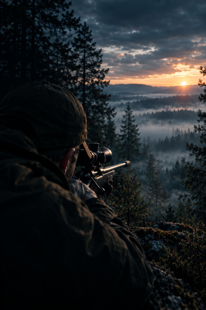 Hunter aiming rifle with precision scope