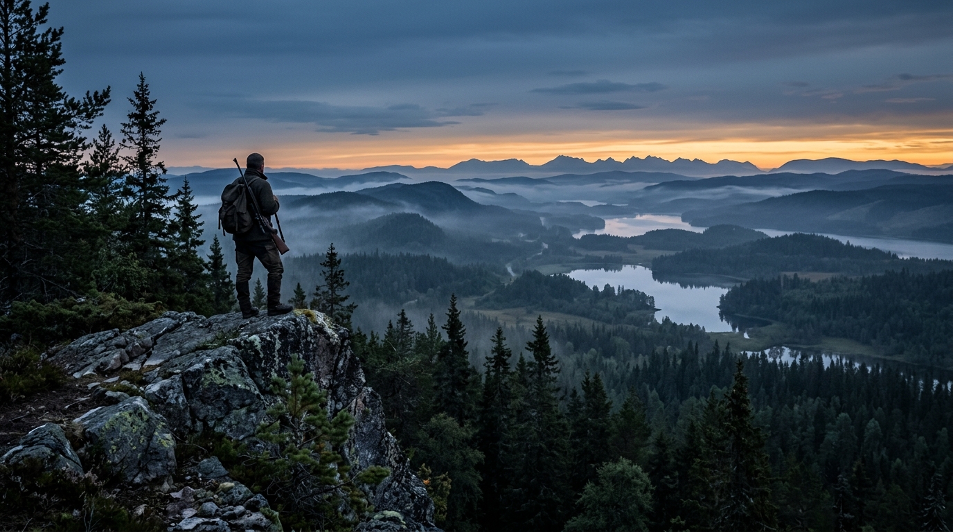 Hunter on mountain cliff overlooking wilderness lakes at sunset